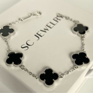 Black Onyx Clover Bracelet Double Sided Silver Color Bracelet